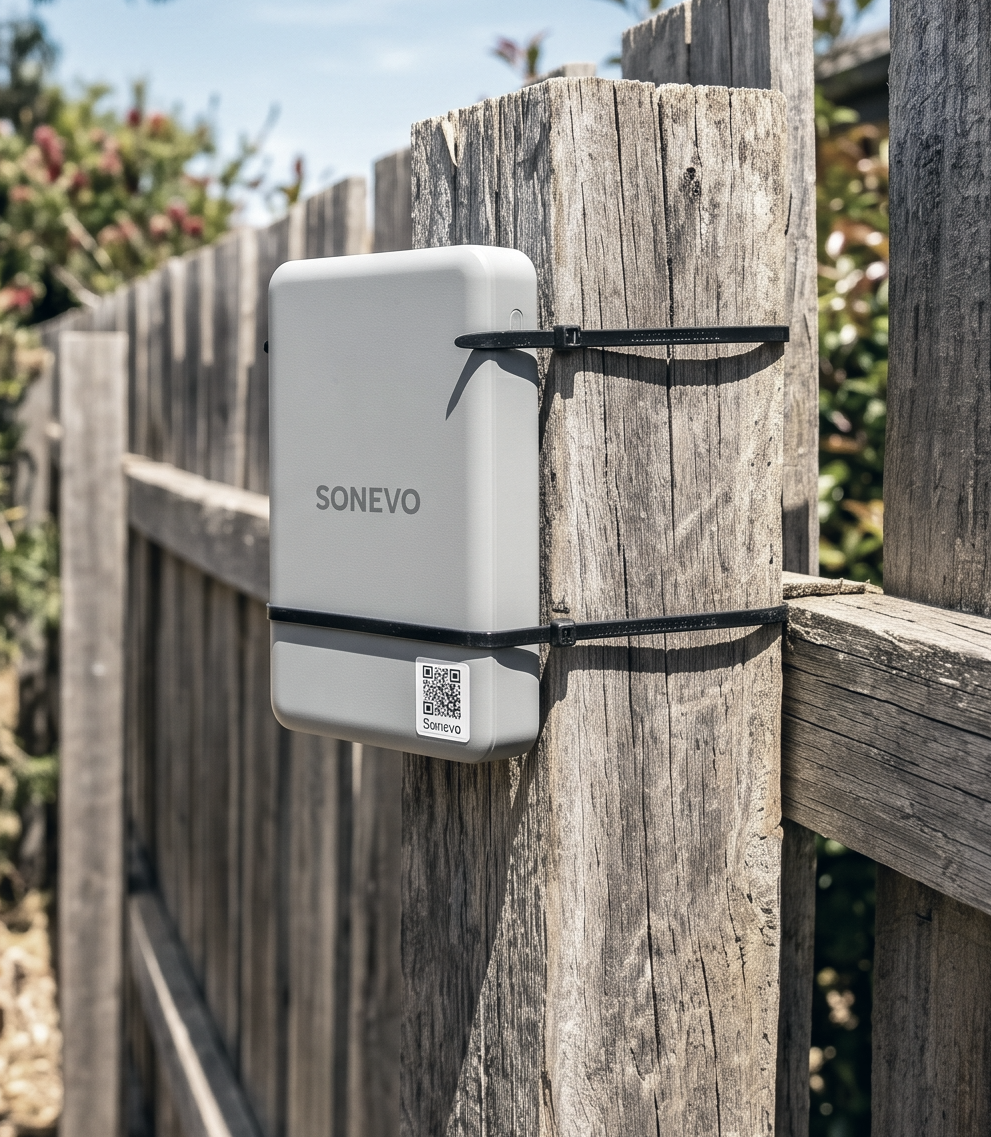 SONEVO monitoring device installed on a residential fence