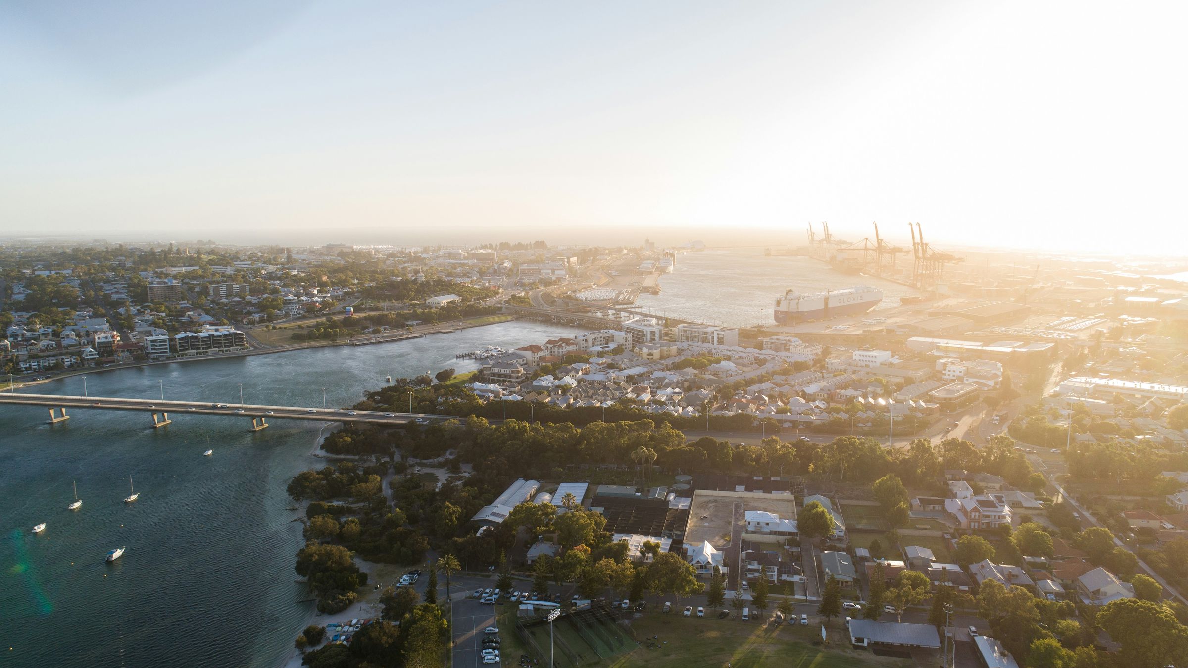 Aerial view of Fremantle harbour at sunset
